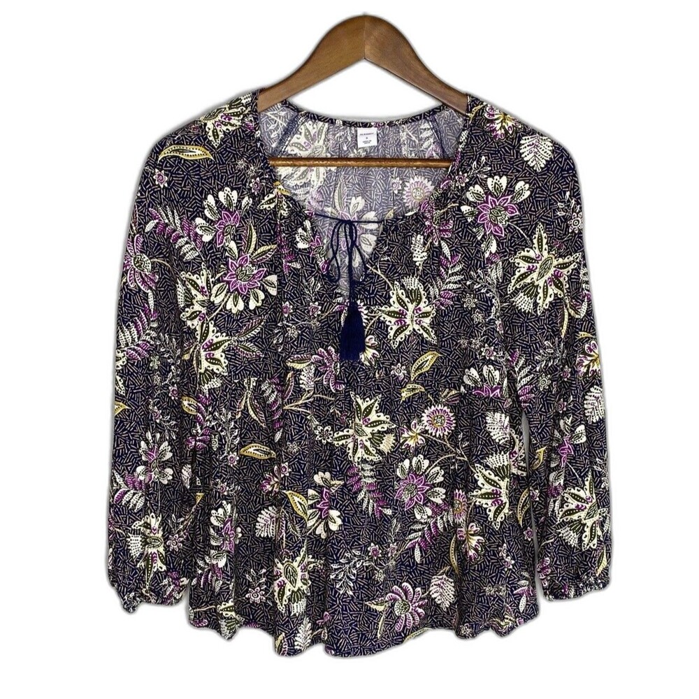 Old Navy Women’s Small Floral Boho Cottage Long Sleeve Tassel Navy Blue Top